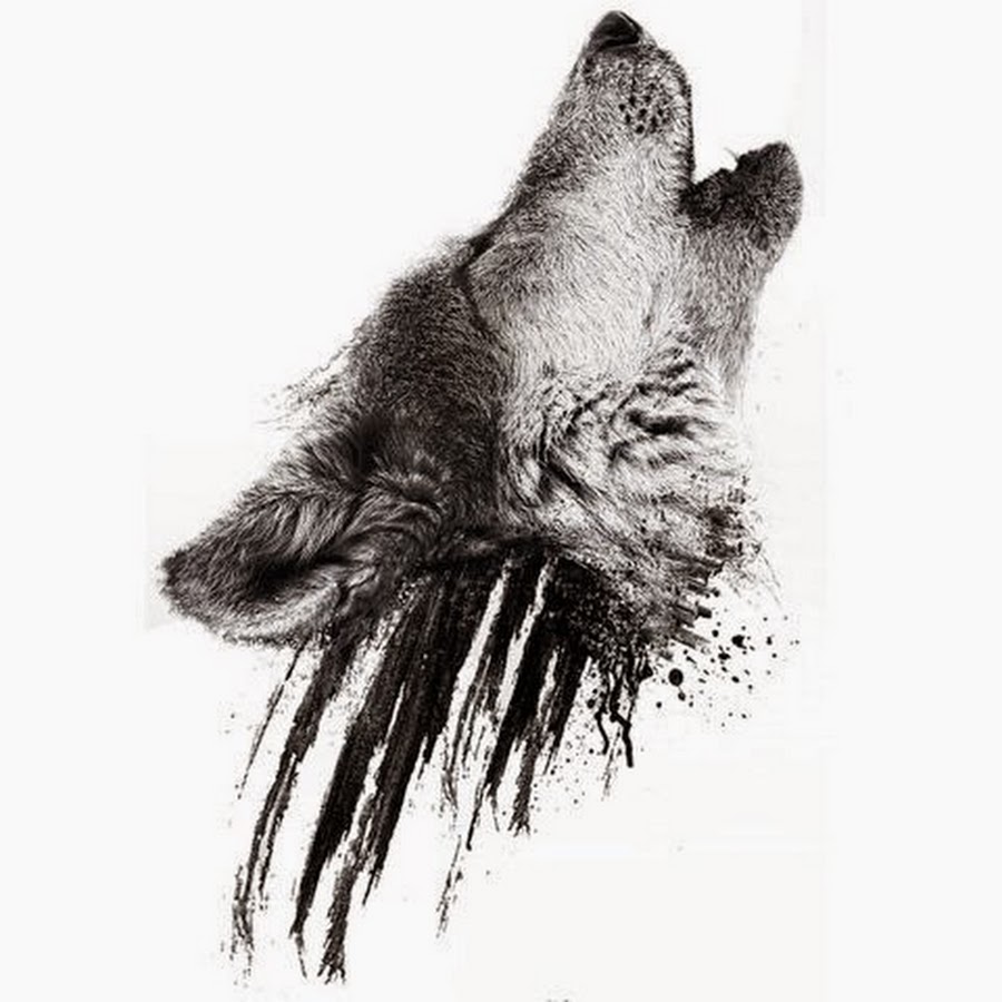 Realistic howling wolf head on black smudges tattoo design