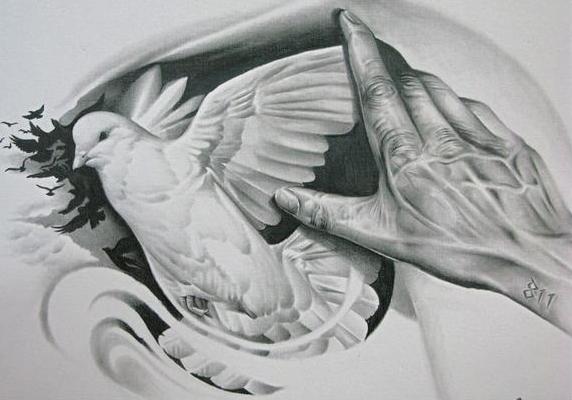 Realistic human hand and white flying dove tattoo design