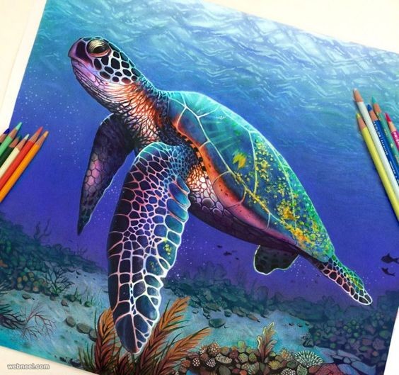 Realistic multicolor turtle diving on ocean bottom tattoo design