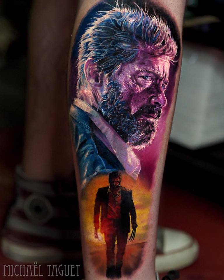 Realistic old Logan portrait tattoo on leg3