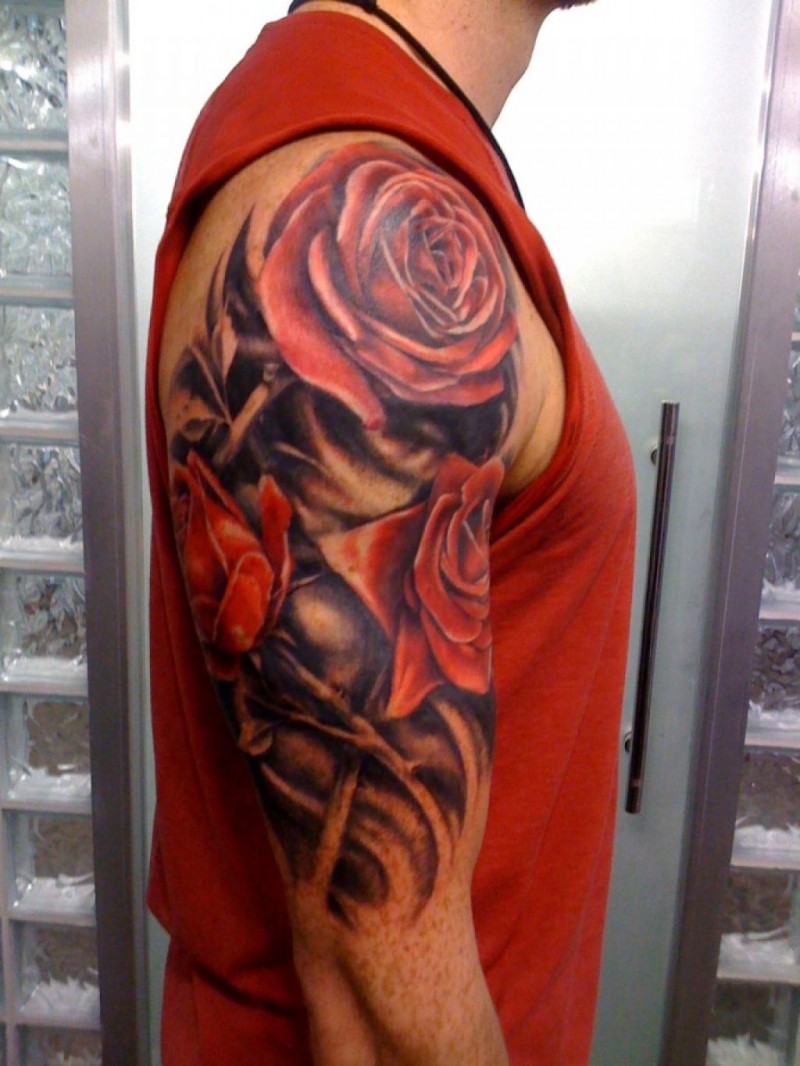 Realistic red rose flowers tattoo for men on upper arm