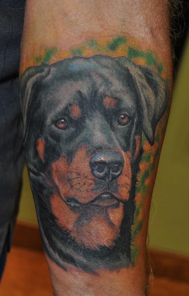 realistico testa cane Rottweiler su sfondo verde tatuaggio su braccio