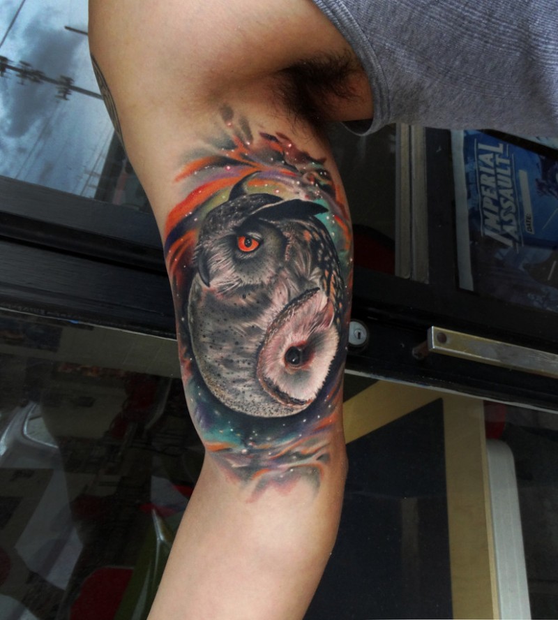 Realistic two owls head tattoo on arm