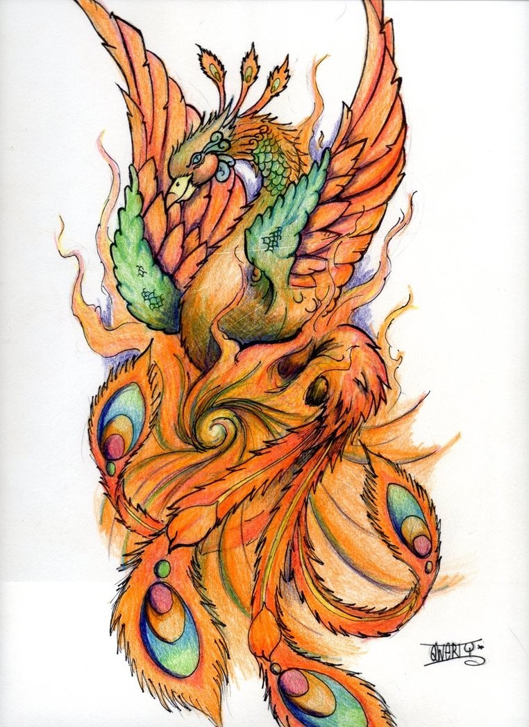 Rebirth phoenix in orange-and-green colors tattoo design
