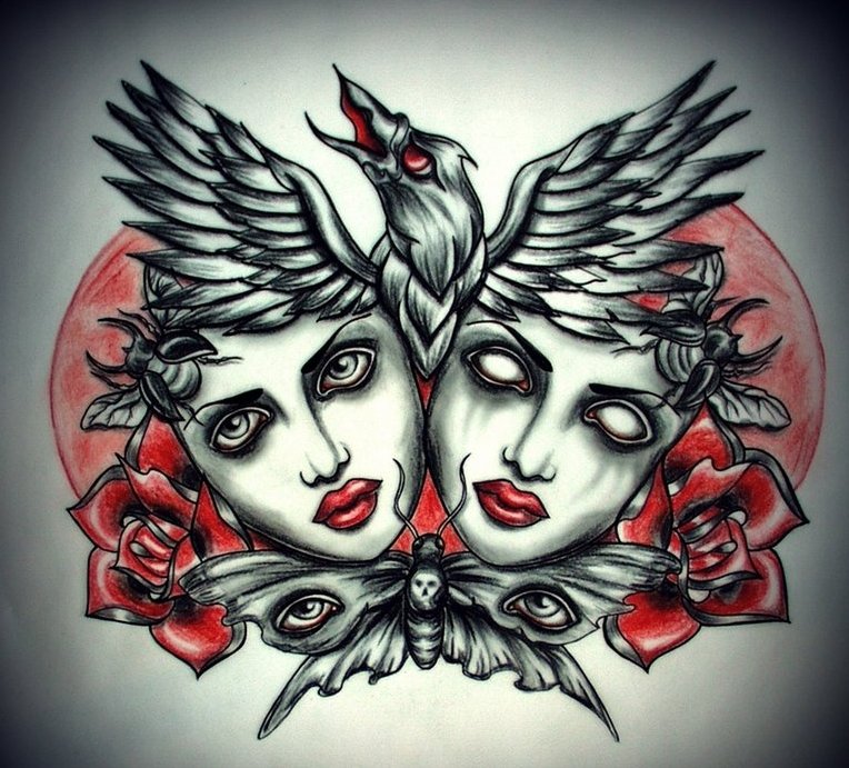 Red-and-black dead heads with raven and butterfly tattoo design by Old Skull Love by MW