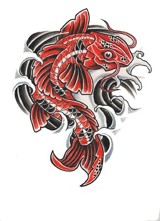 Red-and-black fish in water in japanese style tattoo design