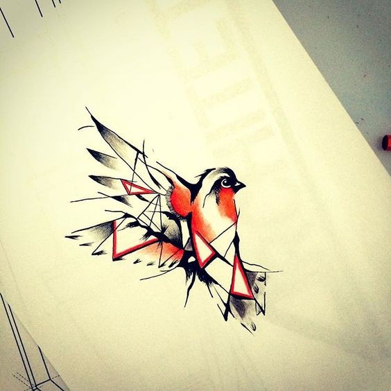 Red-and-black flying sparrow with geometric elements tattoo design