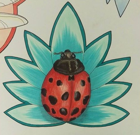 Red-and-black ladybug sitting on turquoise leaf tattoo design
