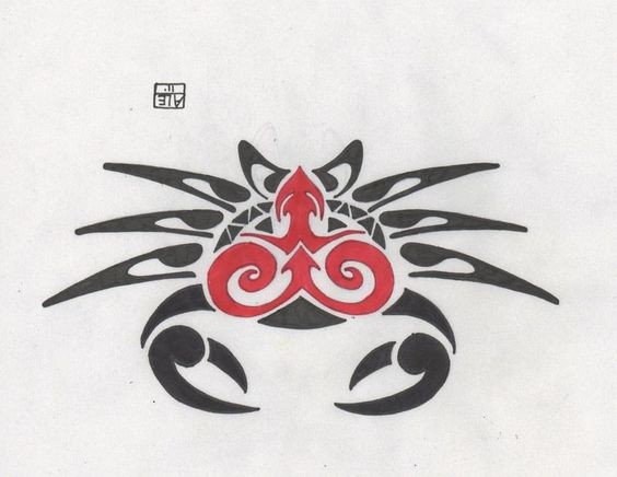Red-and-black maori style crab tattoo design