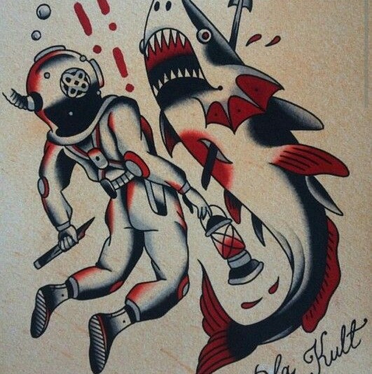 Red-and-black old school shark and aqualangist tattoo design