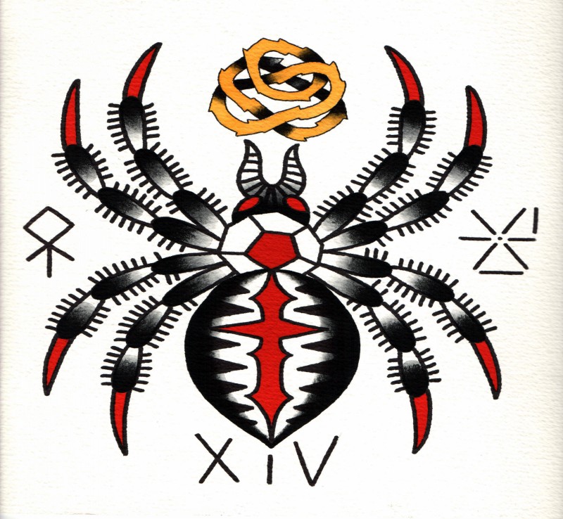 Red-and-black old school spider and sacred signs tattoo design
