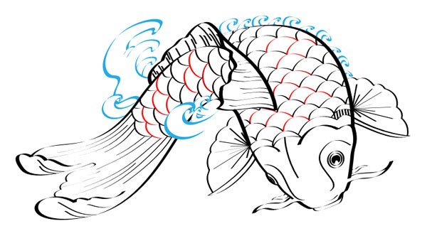 Red-and-black scale fish in outline blue water tattoo design