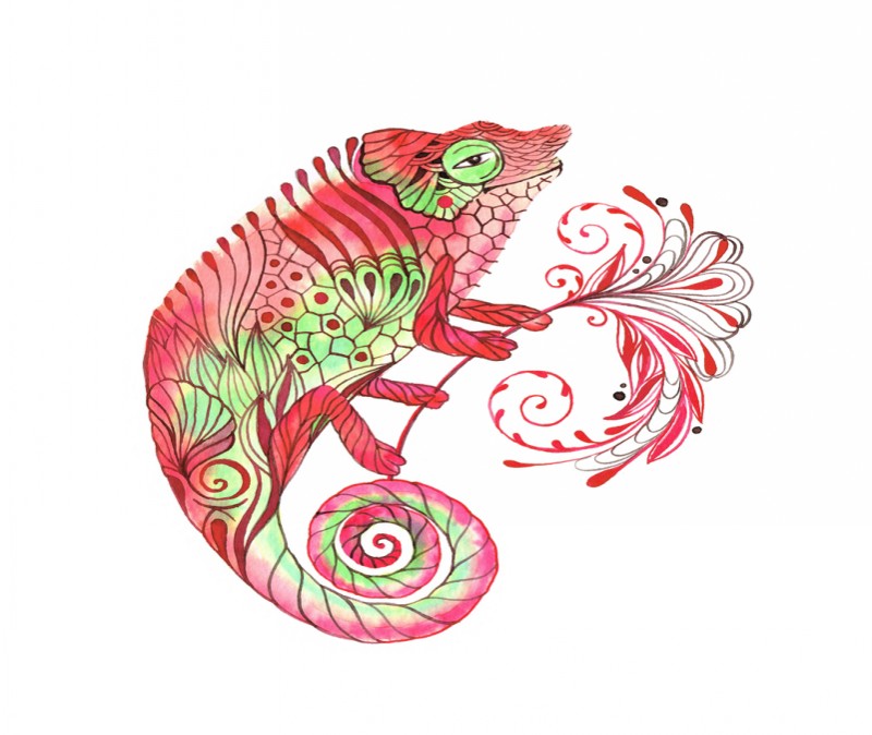 Red-and-green patterned chameleon with a flower tattoo design