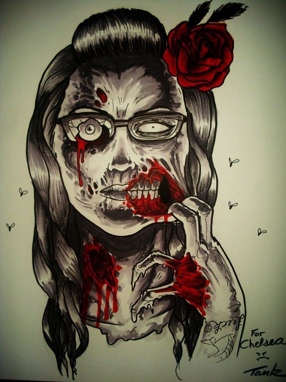 Red-and-grey zombie woman in glasses tattoo design
