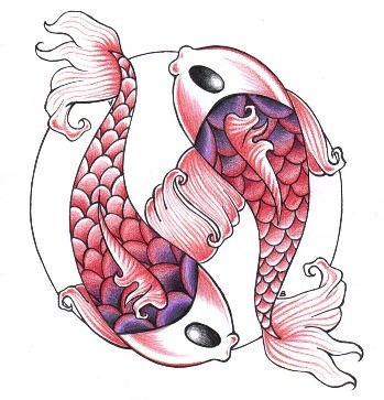 Red-and-violet koi fish swimming by circle tattoo design