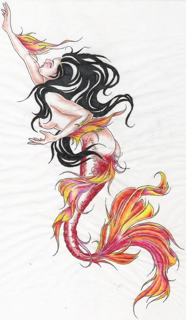 Red-and-yellow tail mermaid rushing up tattoo design by Mark Fellows