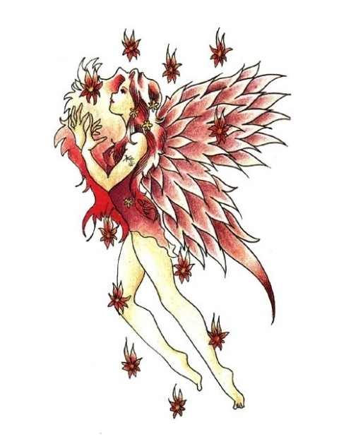 Red-color phoenix-fairy and falling flower buds tattoo design