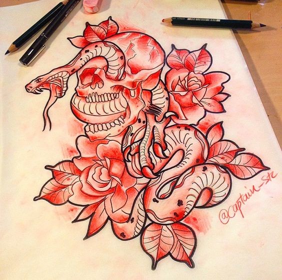 Red-color snake with skull and cock leg tattoo design