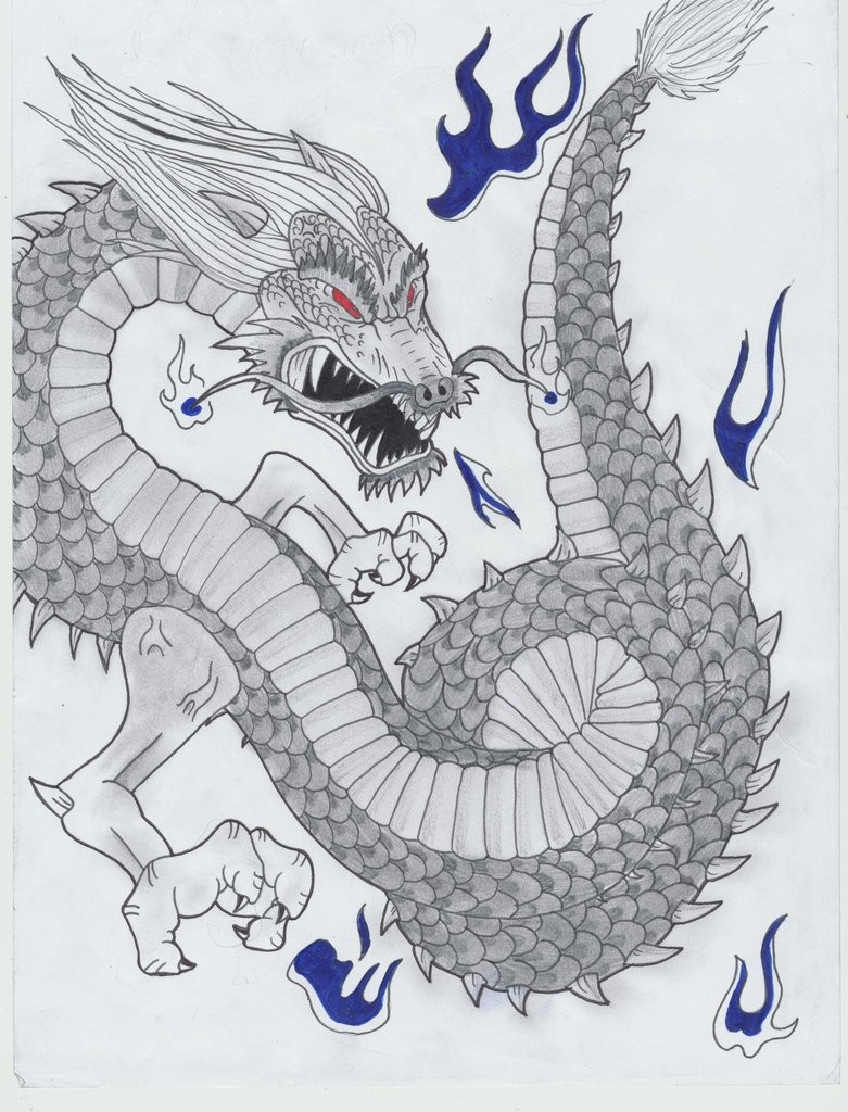 Red-eyed japanese dragon with blue flame tattoo design by Helldemondavey