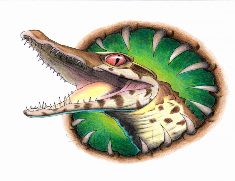 Red-eyed reptile in teeth frame tattoo design by Scura