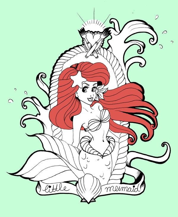 Red-haired colorless ariel mermaid in frame tattoo design