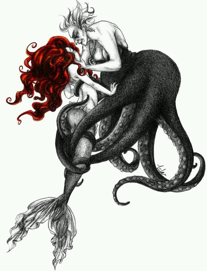Red-haired mermaid and her octopus lover tattoo design