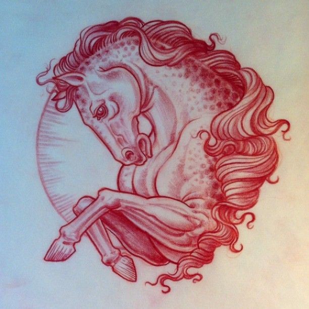 Red-ink curled mane horse tattoo design