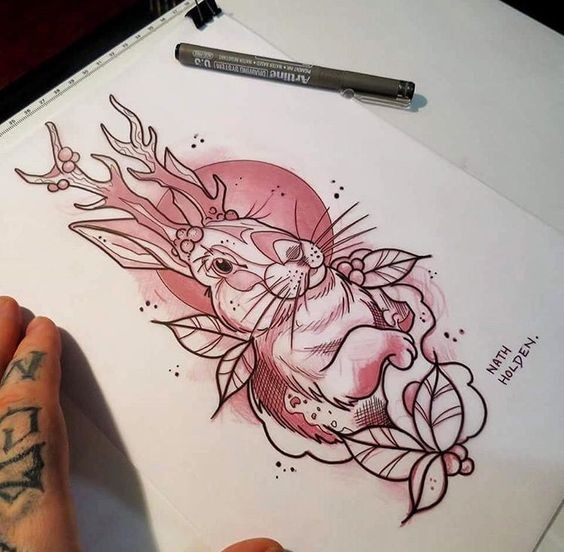 Red-ink deer-horned rabbit portrait with rose flower tattoo design