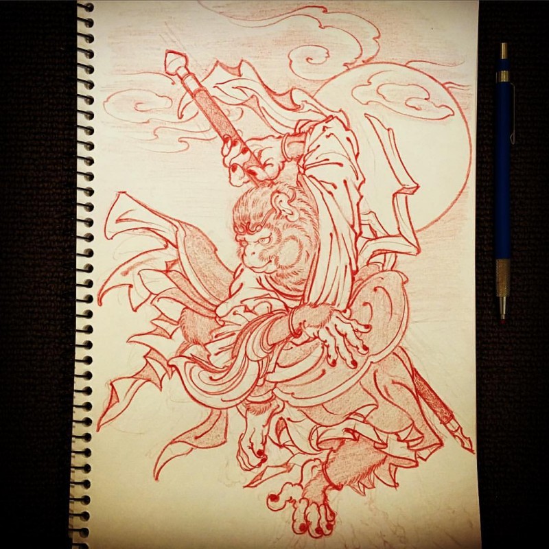 Red-ink jumping monkey king and full moon tattoo design