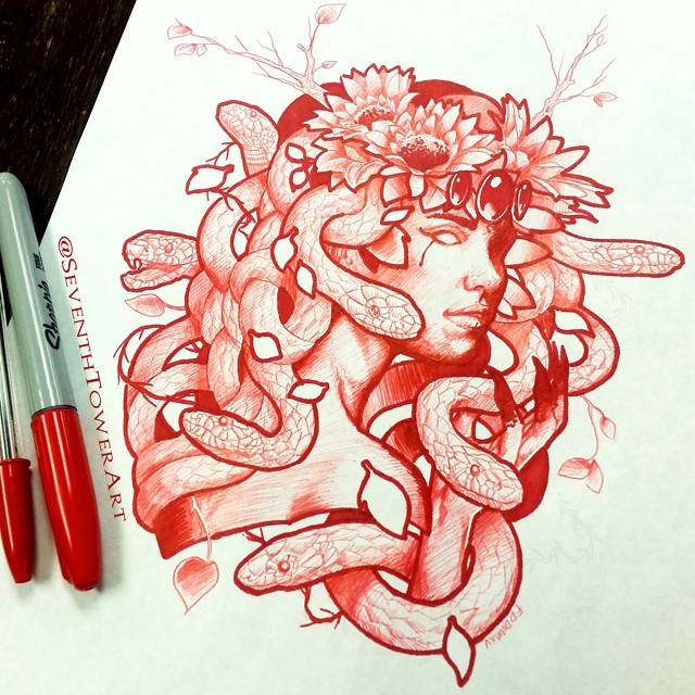 Red-ink medusa gorgona in floral and gem decorated wreath tattoo design