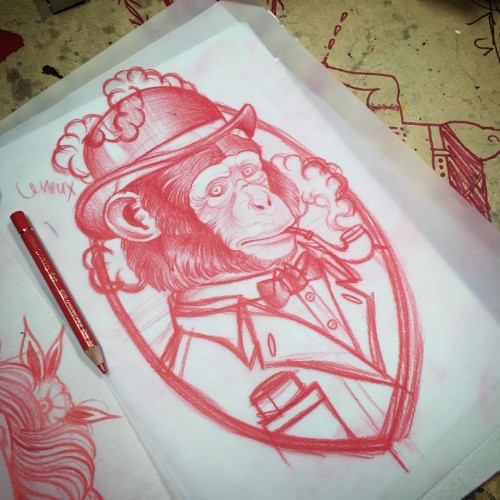 Red-ink mr chimpanzee in hat with pipe tattoo design