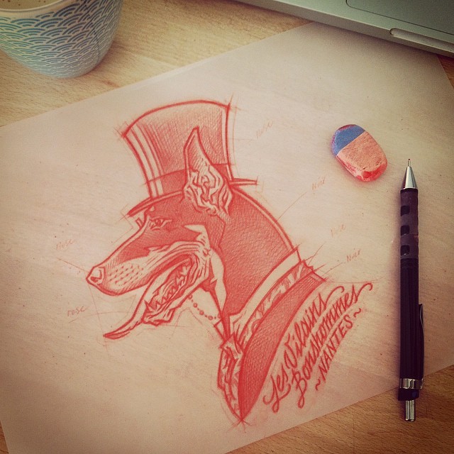 Red-ink sir doberman in high hat and suit tattoo design