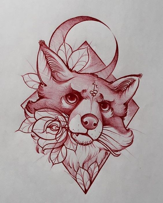 Red-ink wild animal head and half moon in rhombus frame tattoo design