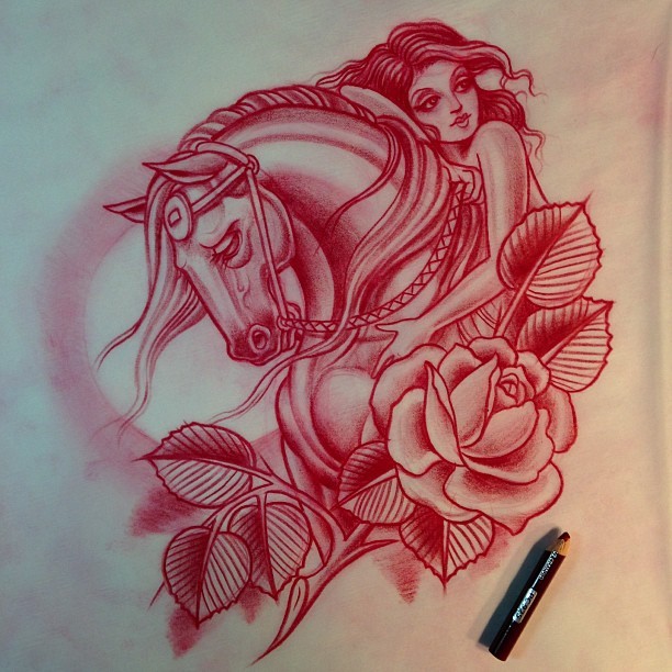 Red-ink womal embracing a horse with roses tattoo design