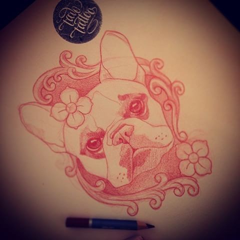 Red-pencil bulldog with small flowers tattoo design