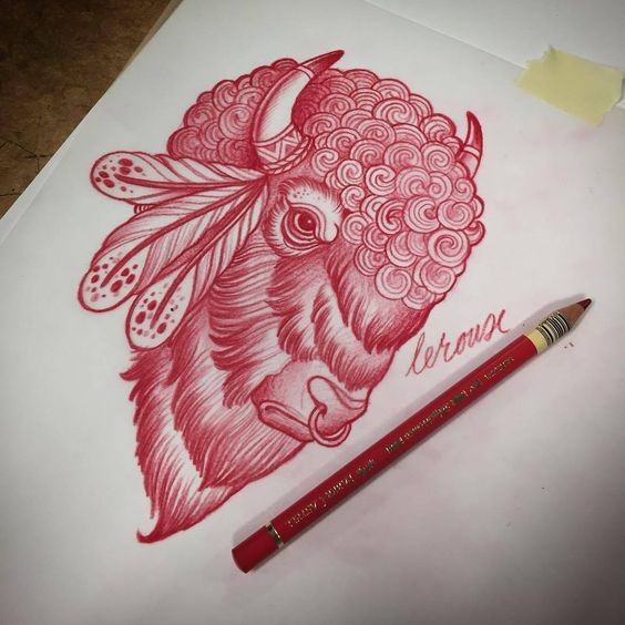 Red-pencil curled bull head with feathers tattoo design