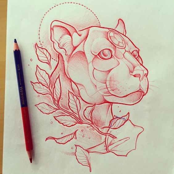 Red-pencil panther with gem decoration in forehead and branch tattoo design
