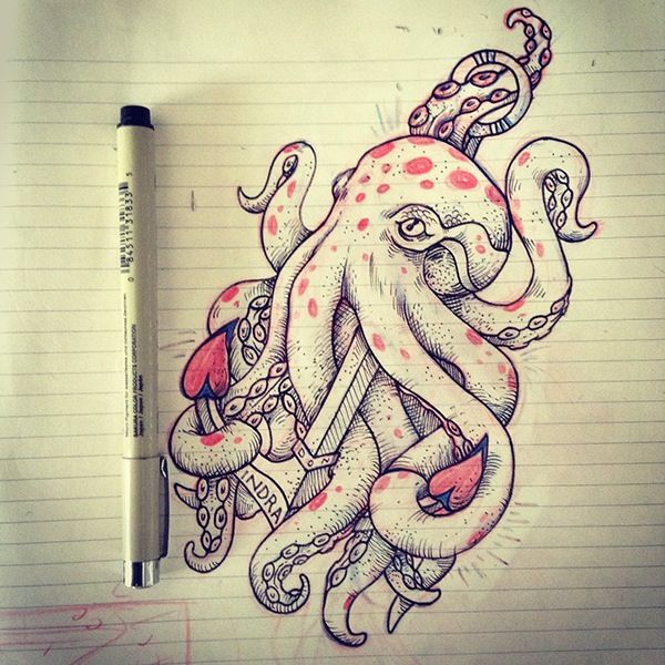 Red-spotted octopus embracing an anchor tattoo design