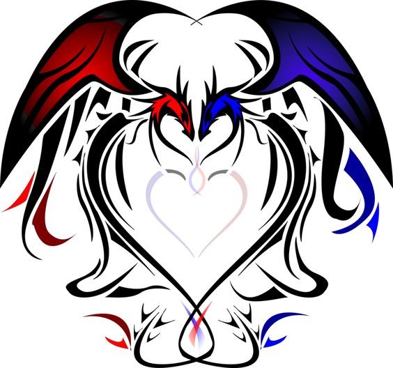Amantes do dragão vermelho e azul com desenho de tatuagem de elementos tribais