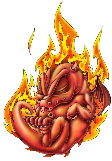 Red cartoon dragon baby sleeping in flame tattoo design