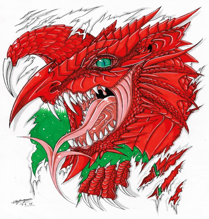 Red green-eyed dragon tearing from background tattoo design by Shannon x Naruto