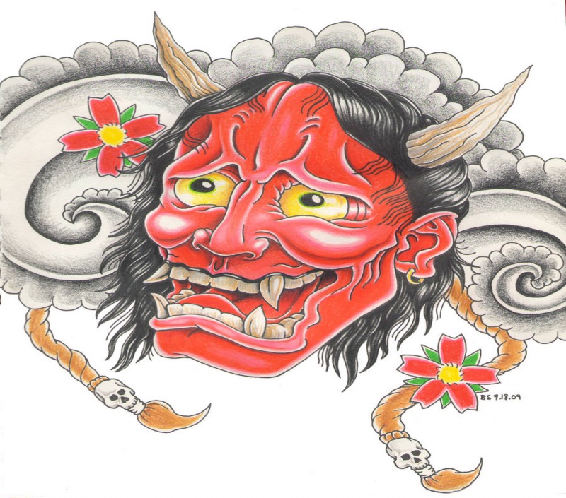 Red japanese demon with cherry blossom and grey clouds tattoo design by Bsguru