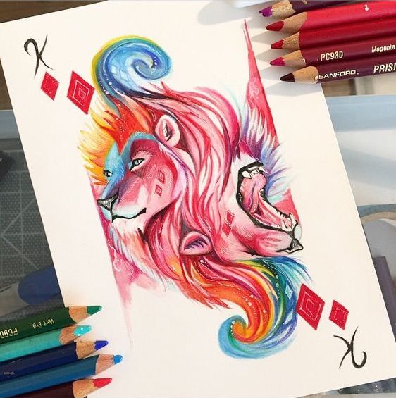 Red reflected card lion tattoo design