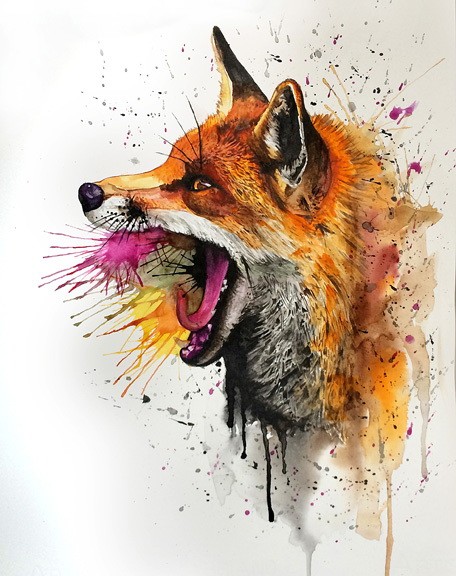 Red screaming fox head on rainbow watercolor background tattoo design
