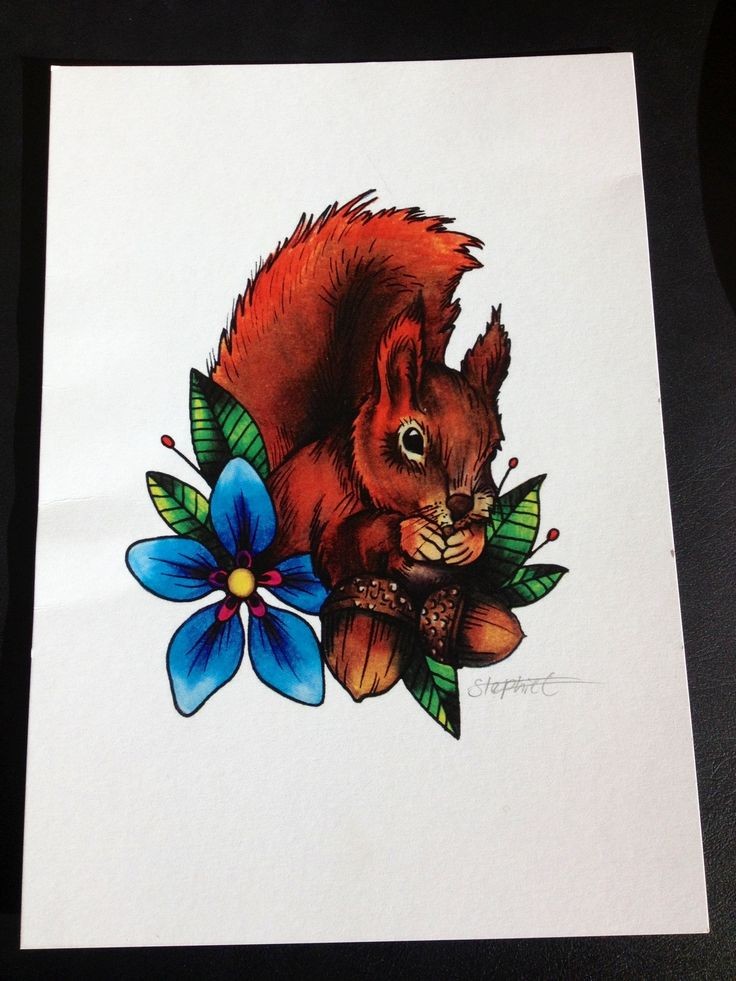 Red squirrel with acorns and blue flower tattoo design