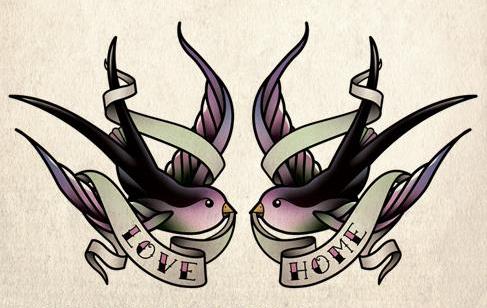 Reflected bird with quoted ribbon tattoo design