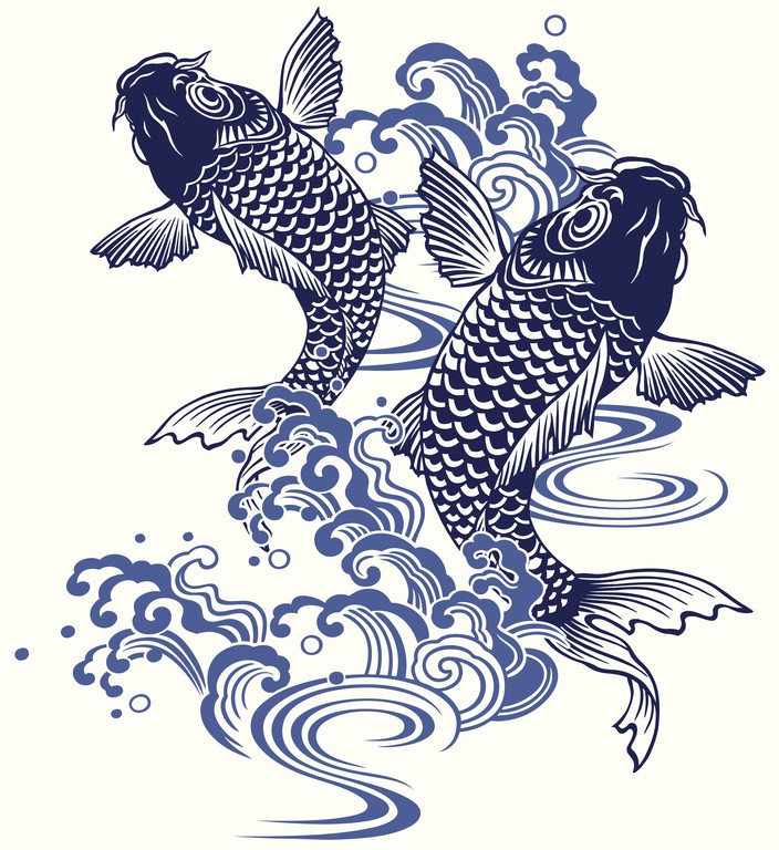 Reflected blue koi fish in waves tattoo design