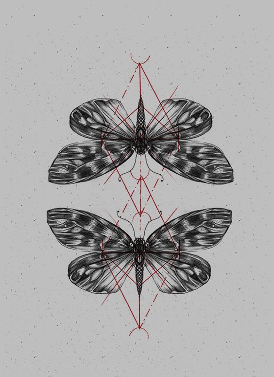 Reflected butterfly with red-line geometric drawings tattoo design