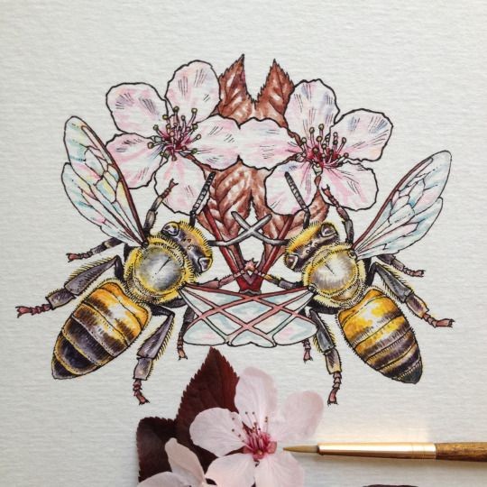 Reflected colorful bee and cherry flower tattoo design