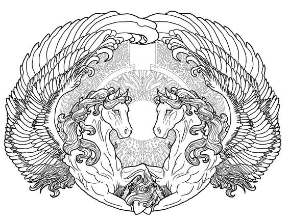 Reflected outline pegasus on patterned bakground tattoo design